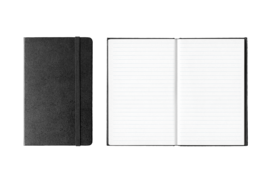 Black closed and open notebooks isolated on white