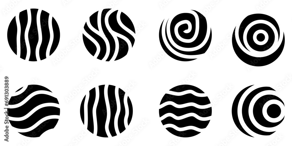 Poster set of vector black and white circle stripes pattern buttons collection