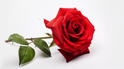 A red rose set against a white background, showcasing its vibrant color and natural beauty.