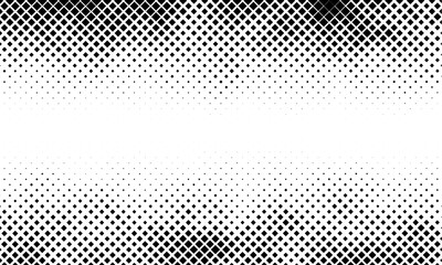Halftone pixelated gradient background. Faded square particles texture. Dissolving grunge noise wallpaper. Horizontal halftone vector backdrop - obrazy, fototapety, plakaty