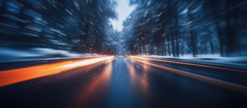 Blurred view from inside moving car on snowy road at night.