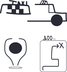 The taxi driver set consists of several icons. Among them are the front of the car, a taxi checker, a location indicator and a mini map.