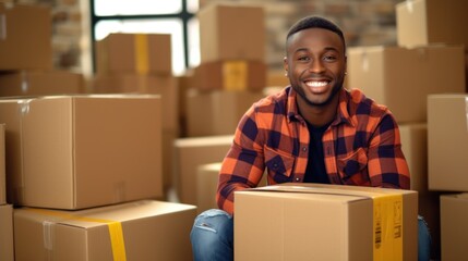 Portrait of happy african american man sitting among boxes in warehouse - obrazy, fototapety, plakaty