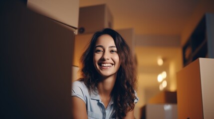 Smiling young woman unpacking cardboard boxes in her new house. - obrazy, fototapety, plakaty
