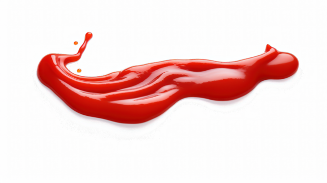 A Red drops of ketchup or sauce isolated on white background with contrasting paths. Full depth of field, focus stacking.
