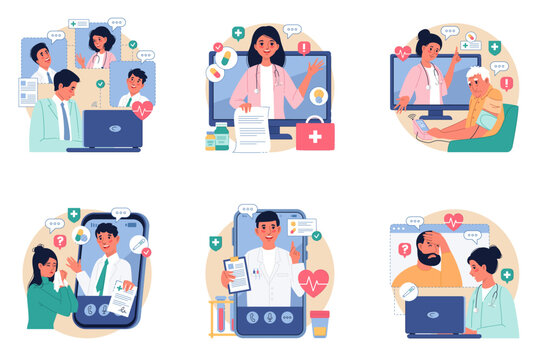 Telemedicine. Remote medical treatment, online consultations, healing process digital monitoring, doctors and patients chat. Pharmacy care, mobile clinic cartoon flat isolated vector set