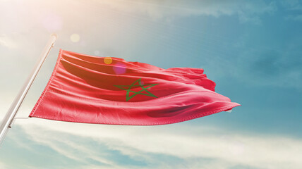 Morocco national flag cloth fabric waving on the sky - Image