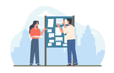Woman with stack of paper advertisements and man standing in front of bulletin board against cityscape. People near street ad or information signpost cartoon flat isolated vector concept