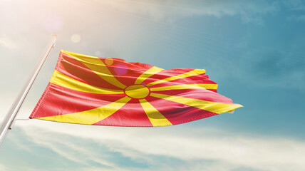 North Macedonia national flag cloth fabric waving on the sky - Image