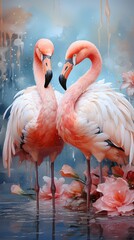 Graceful pink flamingos standing in a lotus garden pond, nihonga painting style, soft pastel colors, Japanese style
