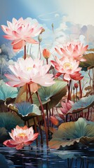 Graceful pink flamingos standing in a lotus garden pond, nihonga painting style, soft pastel colors, Japanese style
