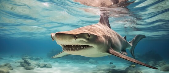 Close-up view of a Hammerhead Shark in the Bahamas. - obrazy, fototapety, plakaty