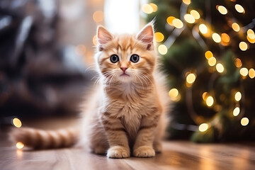 funny cute kitten on background of a blurred christmas tree and New Year's bokeh