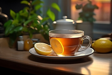 cup of tea with lemon on a wooden kitchen table, hot vitamin drink during cold and flu period,...