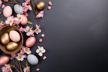 Obraz premium Elegant Easter Eggs and Cherry Blossoms on Dark Background
