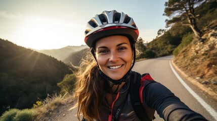 A beautiful female cyclist taking a selfie while cycling with pine trees and hills in the background.
