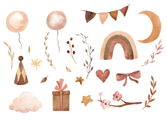 Watercolor boho rainbow, balloon, moon illustration for kids © Olga Listopad