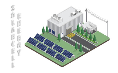 solar cell energy, solar cell power plant, solar farm isometric graphic