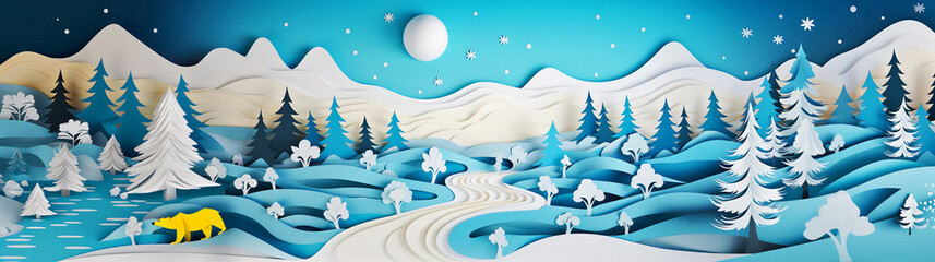 Fototapeta na wymiar Enchanted Paper Winter Landscape Banner with Polar Bear: Print Ready Flat Paper Art
