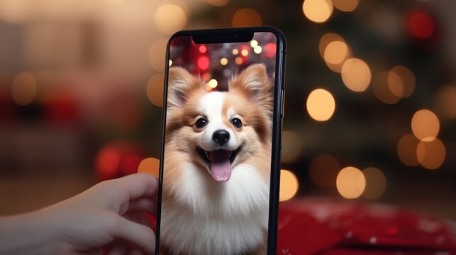 A person taking a picture of a dog with a cell phone