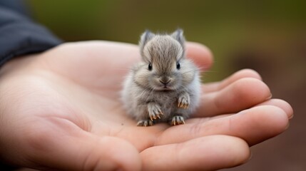 A small gray and white rabbit sitting on a person's hand