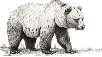 A black and white drawing of a grizzly bear - obrazy, fototapety, plakaty