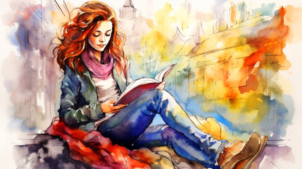 Watercolor style woman reading at the park.