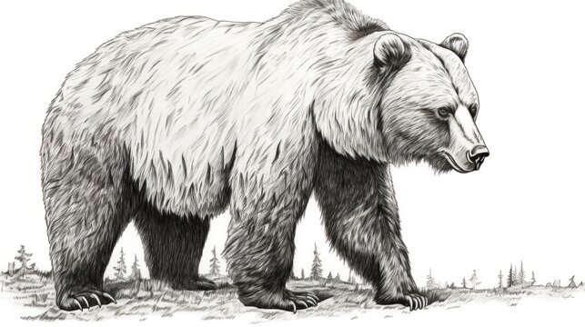 A black and white drawing of a grizzly bear