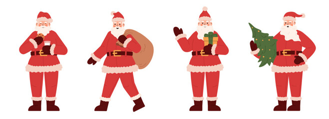 Set with Santa Claus in different poses. Santa walks with a bag of gifts, holds a Christmas tree, eats cookies, holds a gift. Hand drawn character in simple flat style. Christmas character for sticker