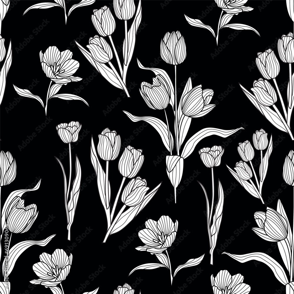 Poster beautiful tulip flowers in a seamless pattern. vector arrangements set of floral elements