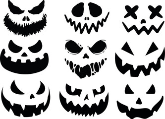 Scary and funny faces of Halloween pumpkin or ghost. Scary face set. Halloween clipart. black Illustration in various themes. Hand drawn collection.