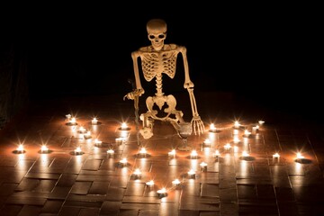  Skeleton performing a ritual with a pentagram, candles, dagger, and chalice.