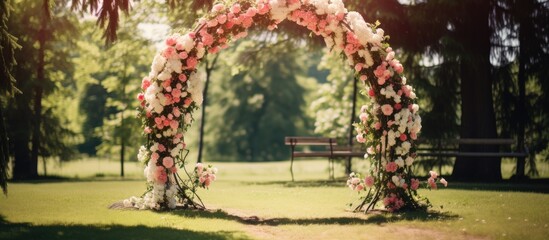 Garden wedding with decorative flower arch on grassy aisle.