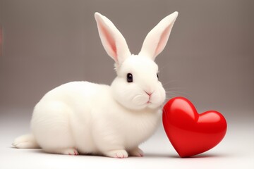 Cute White Rabbit with a Red Heart for valentine on a white background. Happy Valentine's Day.