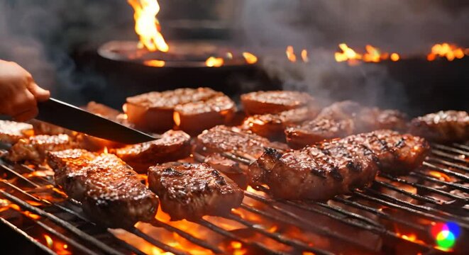 grilled meat, steak, corn, fish, shrimp, breast, potato, vegetables, chicken, sausage, fire, smoke, food, barbeque, bbq, dinner, tuna with grill fire smoke