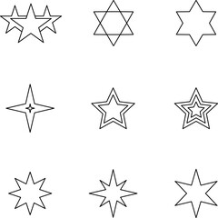 Stars line icons set. Rank, quality, shining sparkle, magic, favorite, logo, bright firework, falling, fantasy vector illustration.