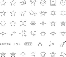 Stars line icons set. Rank, quality, shining sparkle, magic, favorite, logo, bright firework, falling, fantasy vector illustration.