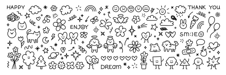 Cute kid scribble doodle icons set. Sun flower heart cat dog rainbow cloud smile elements sign and symbols in children drawing style. Hand drawn childish funny simple vector illustrations. - obrazy, fototapety, plakaty