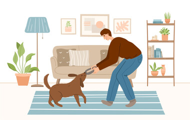 happy pet owner with dog in cozy interior of living room. Pet sitter and friendly service concept. People playing, cuddling with animal friends at home. Colored flat hand drawn vector illustration.