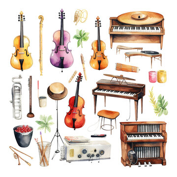 hand draw watercolor instrument music equipment cliparts bundle, white background