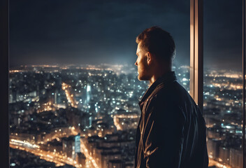 person in front of the city at night, taking a look from the window.
