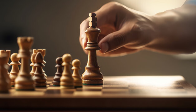 Close-up of a hand making a decisive move with a chess piece ,generative ai
