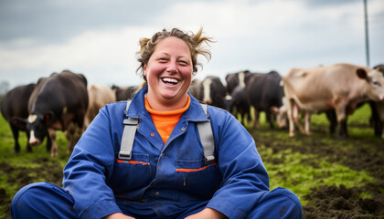 Naklejka na ściany i meble overweight female Dutch farmer on his agriculture field with cows ,generative ai