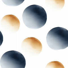 Seamless pattern. Soft watercolor circles in shades of navy blue and warm beige on a crisp white background.