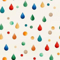 Playful watercolor seamless pattern with colorful spheres and teardrops on a light background.