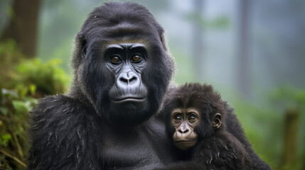 Obraz premium Mountain Guardians: The Gorilla Family in Mist