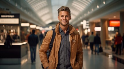 Front view portrait of young male traveler holding a suitcase in the airport. Male businessman traveling by plane