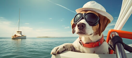 A dog wearing a captain's hat and sunglasses sits at the yacht's port, holding a lifebuoy. - Powered by Adobe