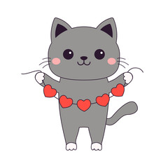 Happy Valentines Day. Gray cat kitten kitty holding red heart garland. Cute cartoon kawaii animal character. Funny head face. Contour line doodle. Flat design. Love card. White background.