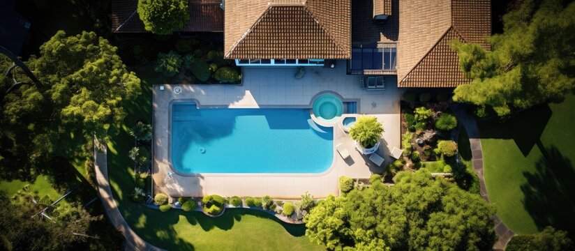 Aerial image of attractive dwelling and pool area.